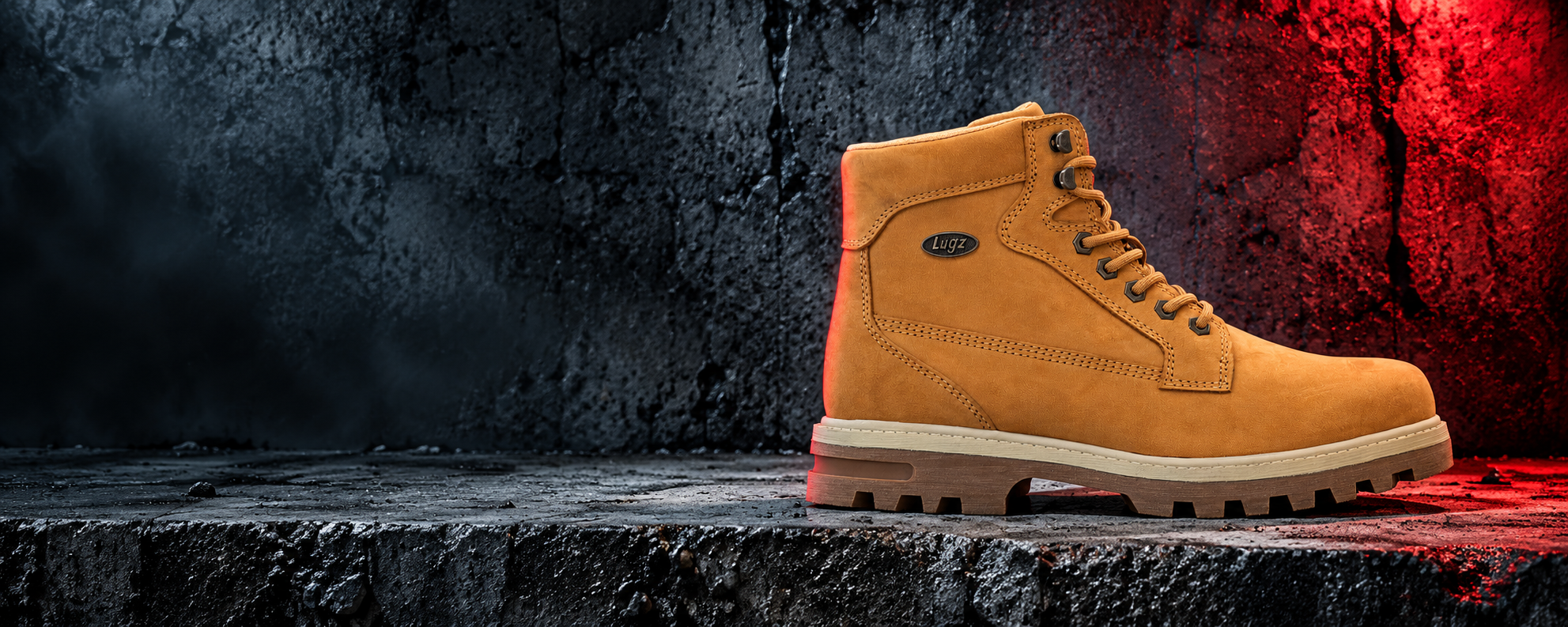 Wheat Lugz boot on rugged concrete